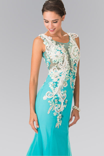 Embroidery Jersey Mermaid Long Dress with Sheer Back