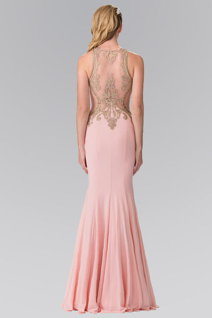 Beading and Embroidery Jersey Long Dress with Sheer Back