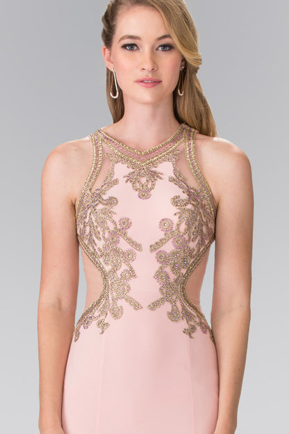 Beading and Embroidery Jersey Long Dress with Sheer Back