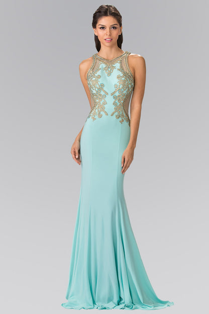 Beading and Embroidery Jersey Long Dress with Sheer Back