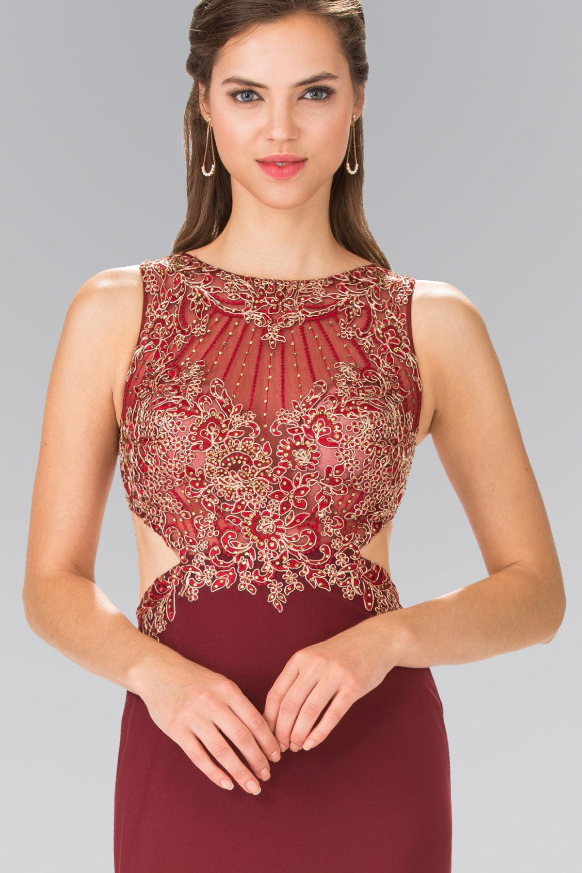 Embroidery Sheer Top Jersey Long Dress with Cut-Out Side and Back