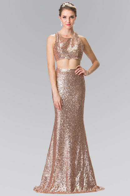 Mock Two-Piece Sequin Long Dress Accented with Side-Cuts