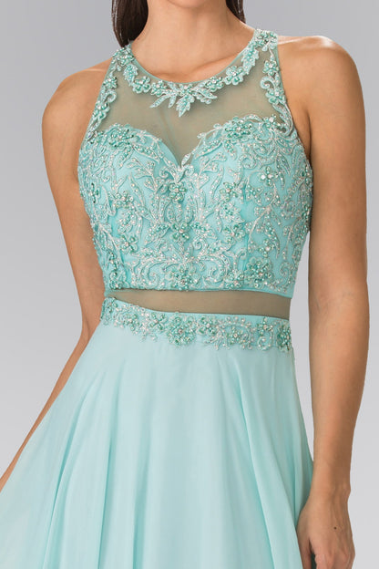 Mock Two-Piece Dress with Beaded Top and Open Back