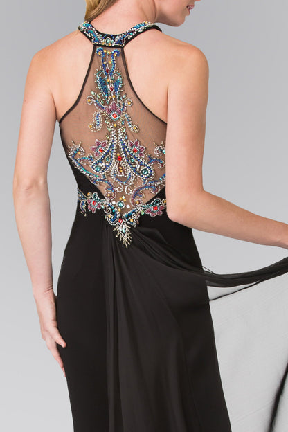 High Neck Beaded Top and Sheer Back Accented with Chiffon Tail