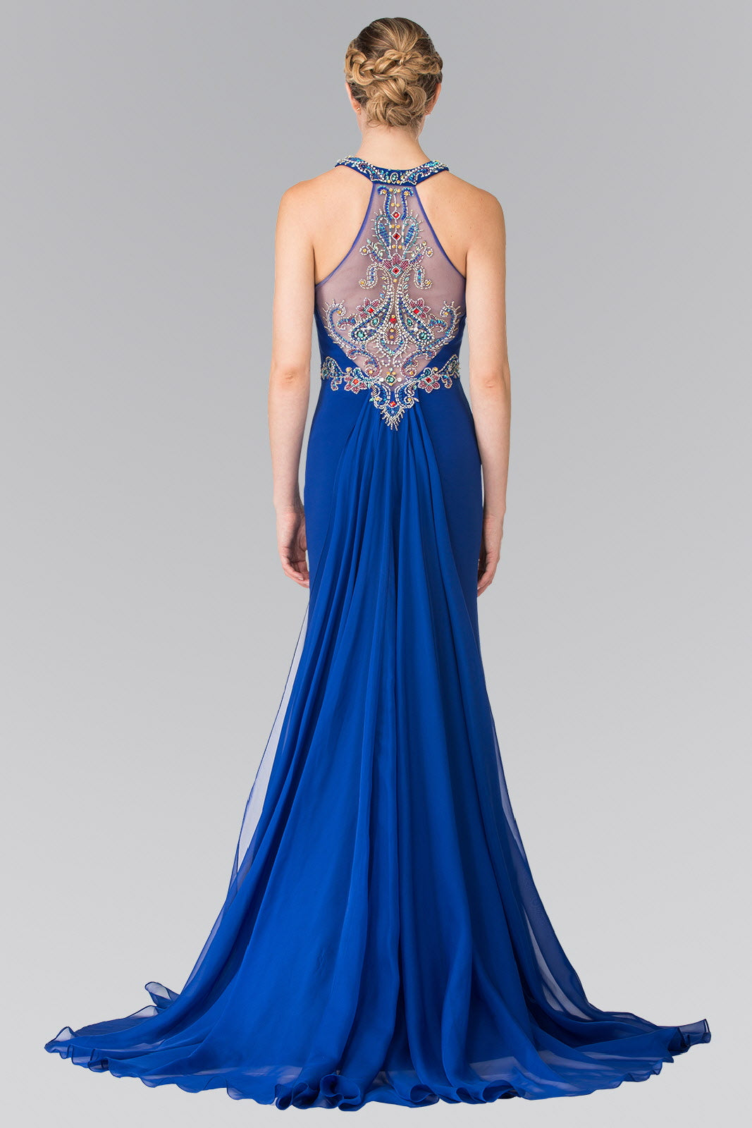 High Neck Beaded Top and Sheer Back Accented with Chiffon Tail