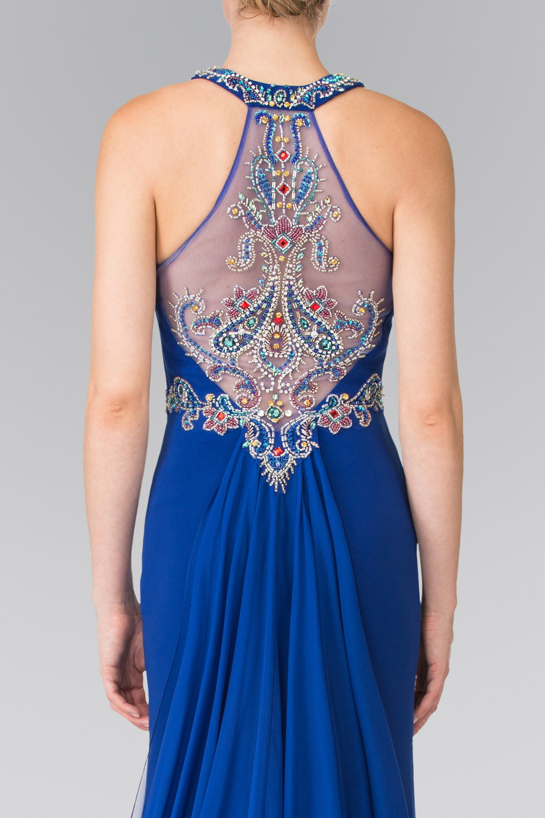 High Neck Beaded Top and Sheer Back Accented with Chiffon Tail