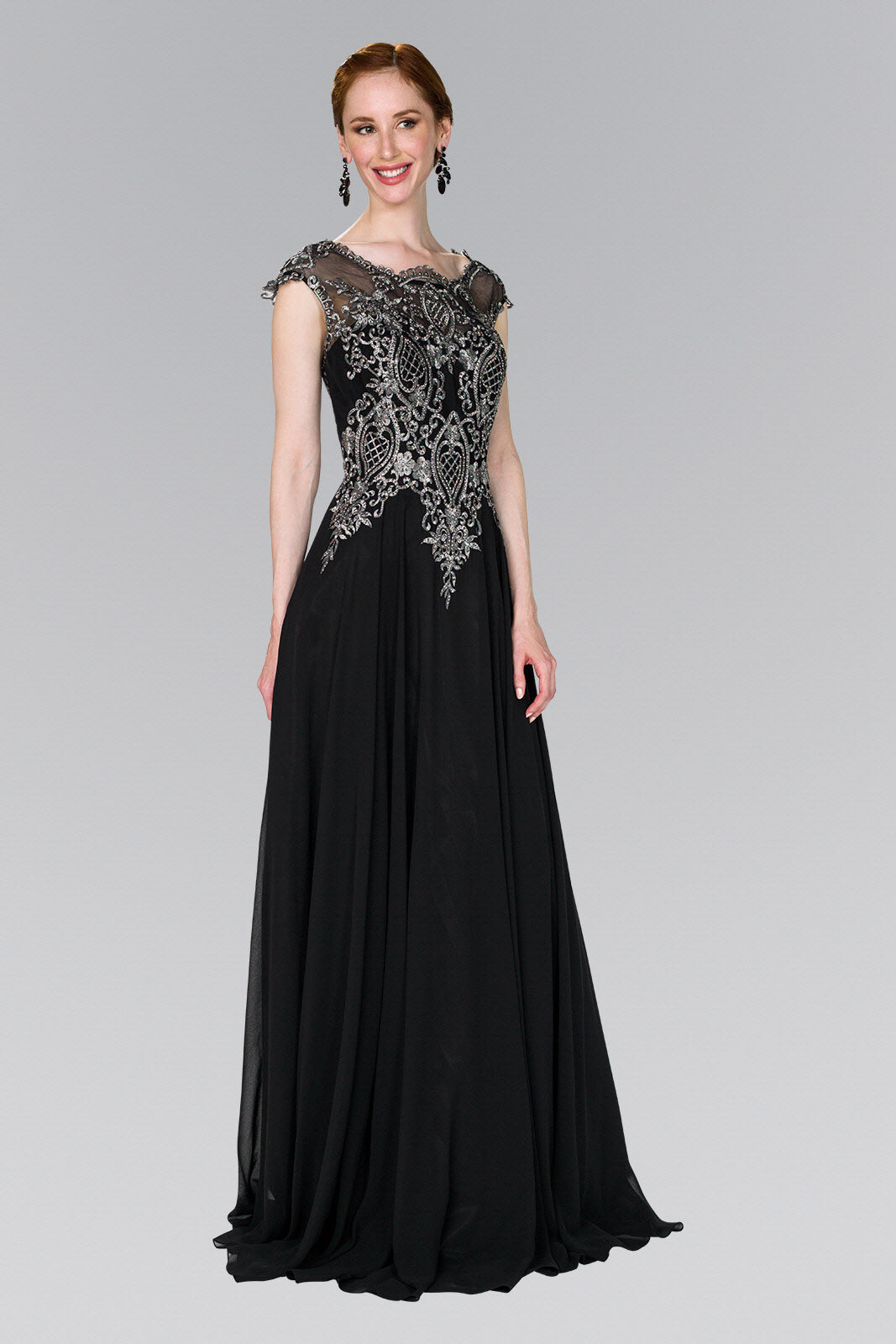 Embroidered Bodice Chiffon Long Dress