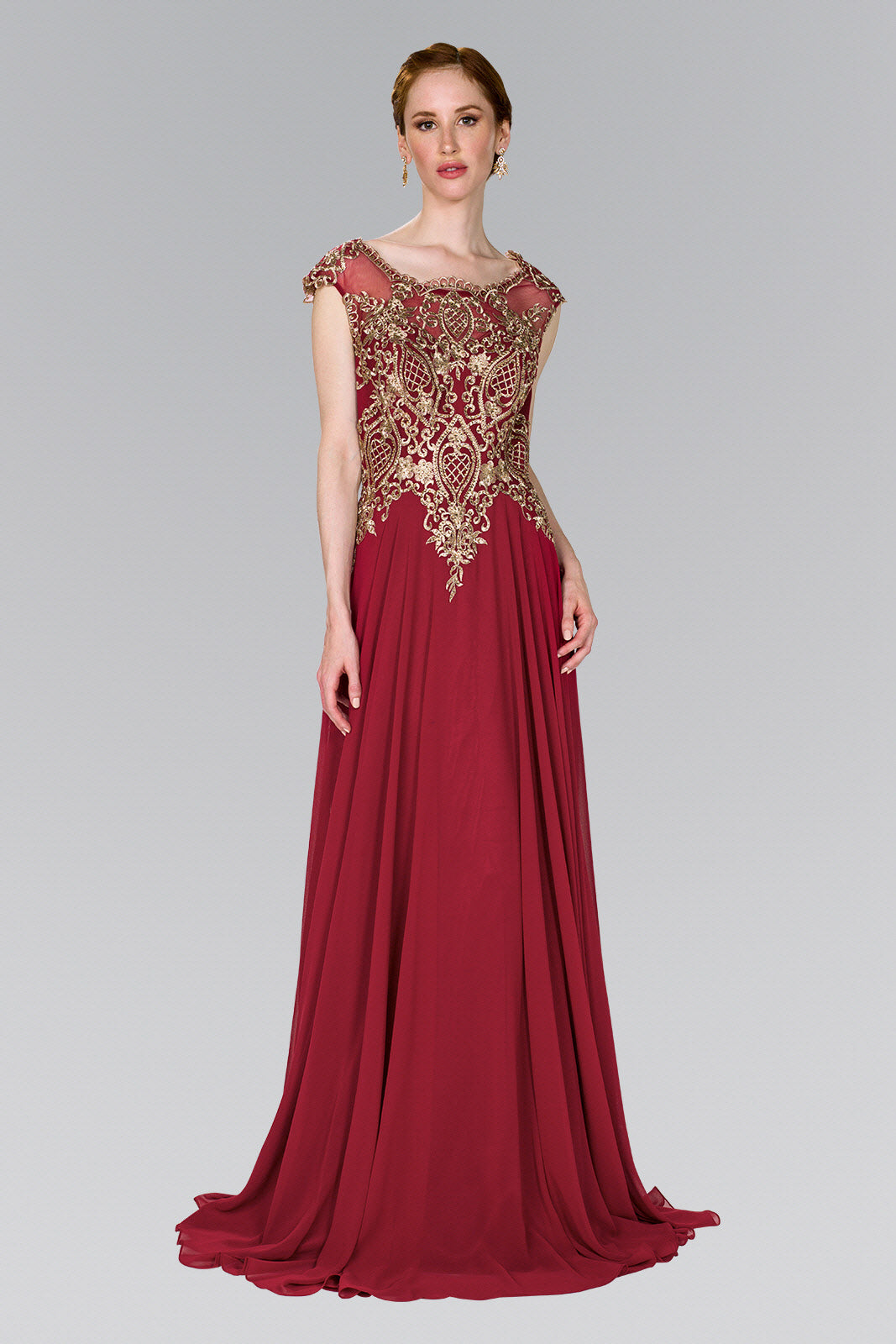 Embroidered Bodice Chiffon Long Dress