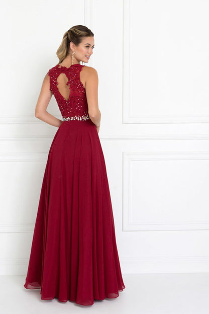 Jewel Embellished Lace Top Chiffon Long Dress