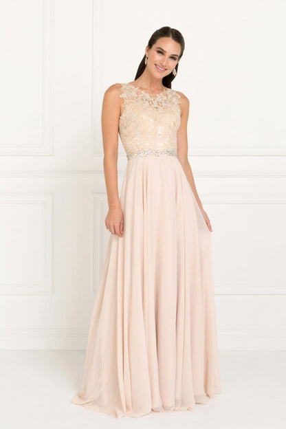 Jewel Embellished Lace Top Chiffon Long Dress