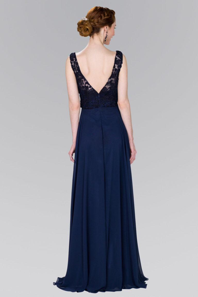 Lace Top Chiffon Long Dress Accented by Jewels on the Waist