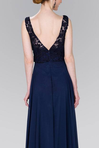 Lace Top Chiffon Long Dress Accented by Jewels on the Waist