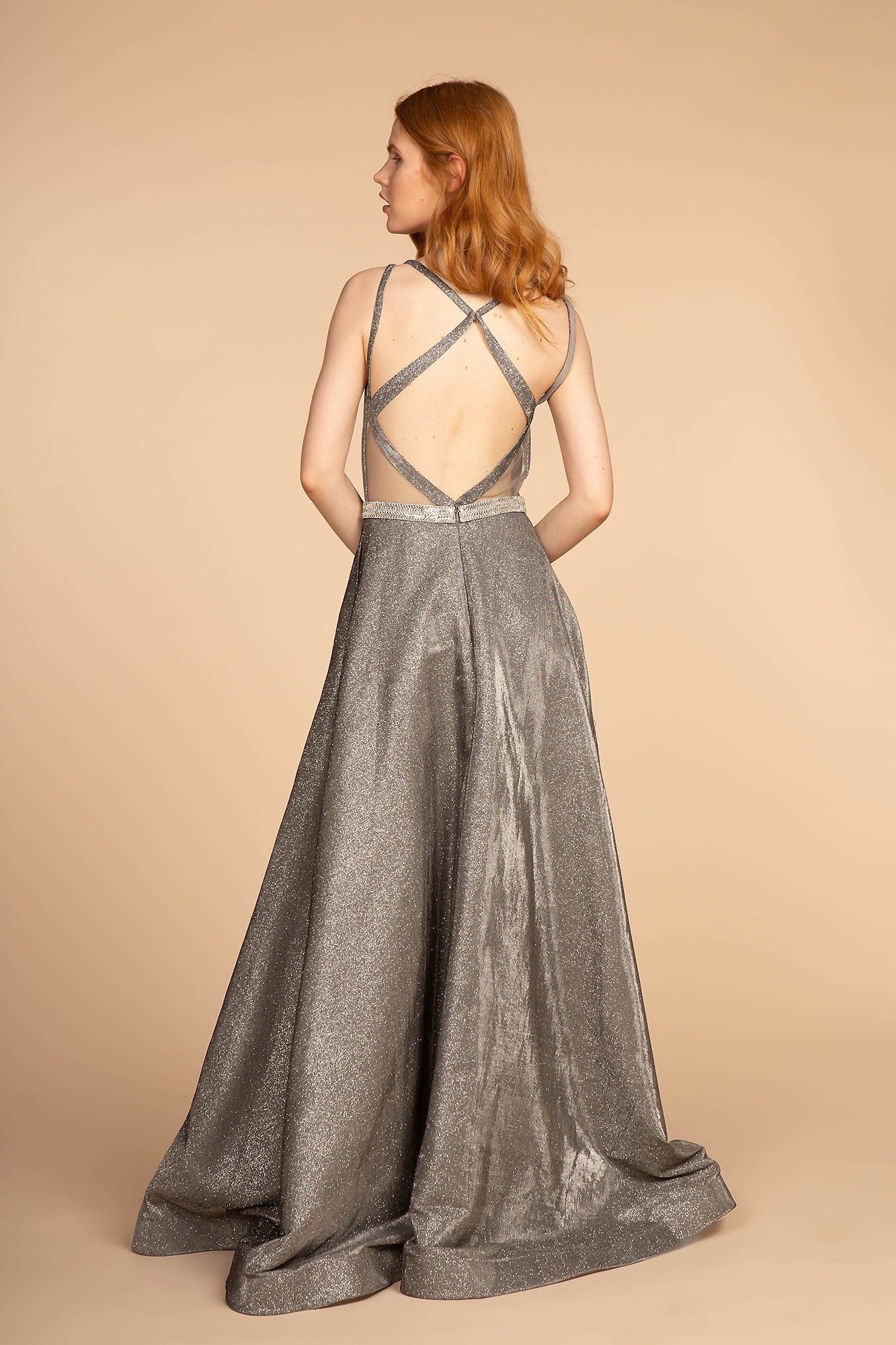 Glitter Crepe Long Dress w/ Jeweled Waist Band