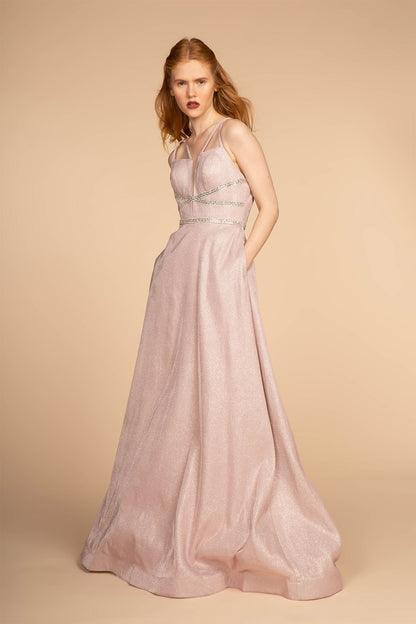 Glitter Crepe A-Line Long Dress w/ Strap Back