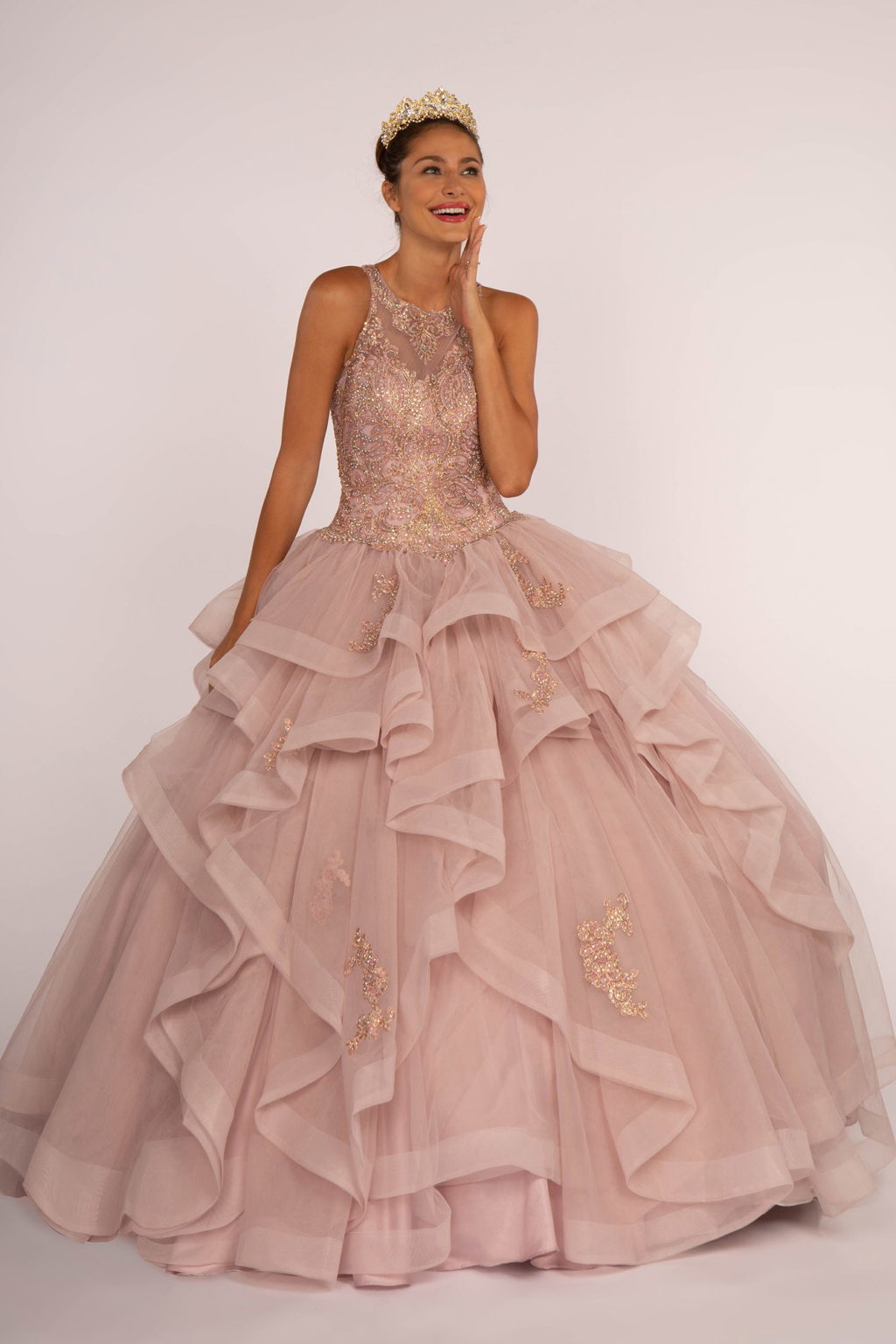 Full Embroidered Bodice w/ Rhinestones Multi-Layered Ruffle Skirt Ball Gown