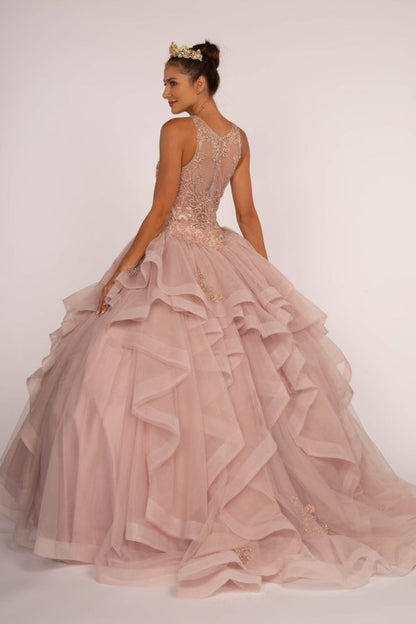 Full Embroidered Bodice w/ Rhinestones Multi-Layered Ruffle Skirt Ball Gown