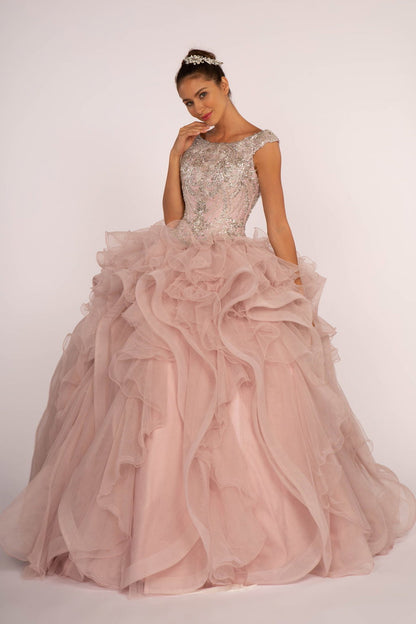 Beads and Sequin Embellished Bodice Boat Neck Ball Gown