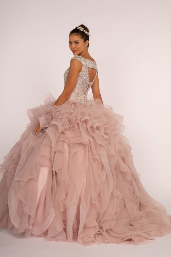 Beads and Sequin Embellished Bodice Boat Neck Ball Gown