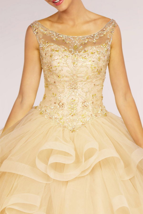 Jewel Embellished Boat Neck Multi-Layered Skirt Ball Gown