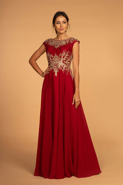 Embroidered Lace Bodice Chiffon Long Dress with Cap Sleeve