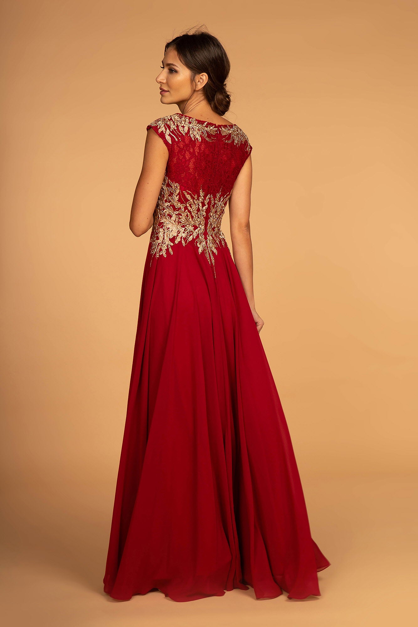 Embroidered Lace Bodice Chiffon Long Dress with Cap Sleeve