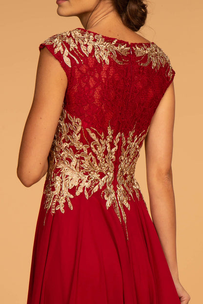 Embroidered Lace Bodice Chiffon Long Dress with Cap Sleeve