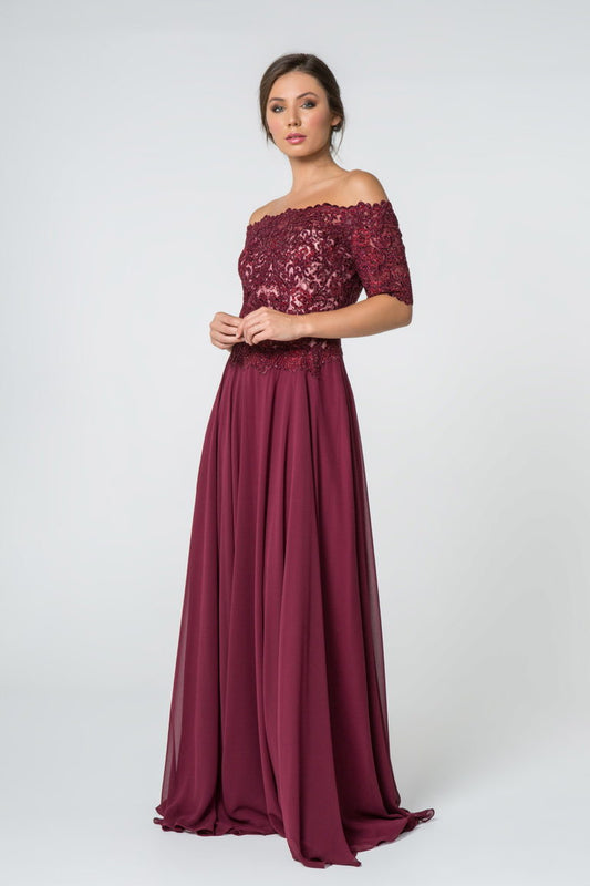 Embroidered Bodice Off-the-Shoulder Chiffon Long Dress