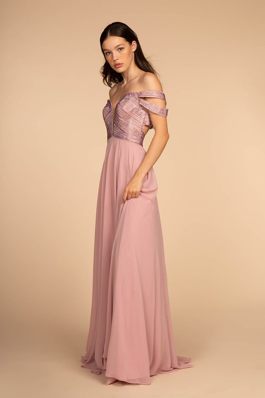 Jewel Embellished Bodice Illusion Deep V-Neck Chiffon Long Dress