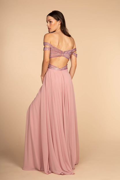 Jewel Embellished Bodice Illusion Deep V-Neck Chiffon Long Dress