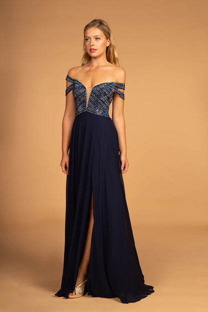 Jewel Embellished Bodice Illusion Deep V-Neck Chiffon Long Dress