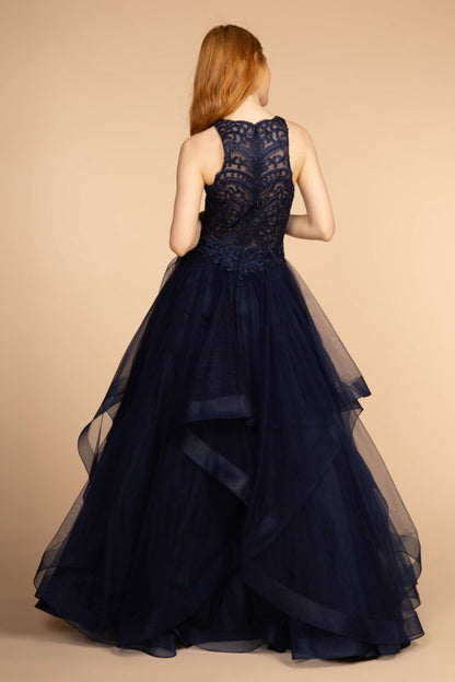 Embroidered Applique Bodice Tulle Long Dress