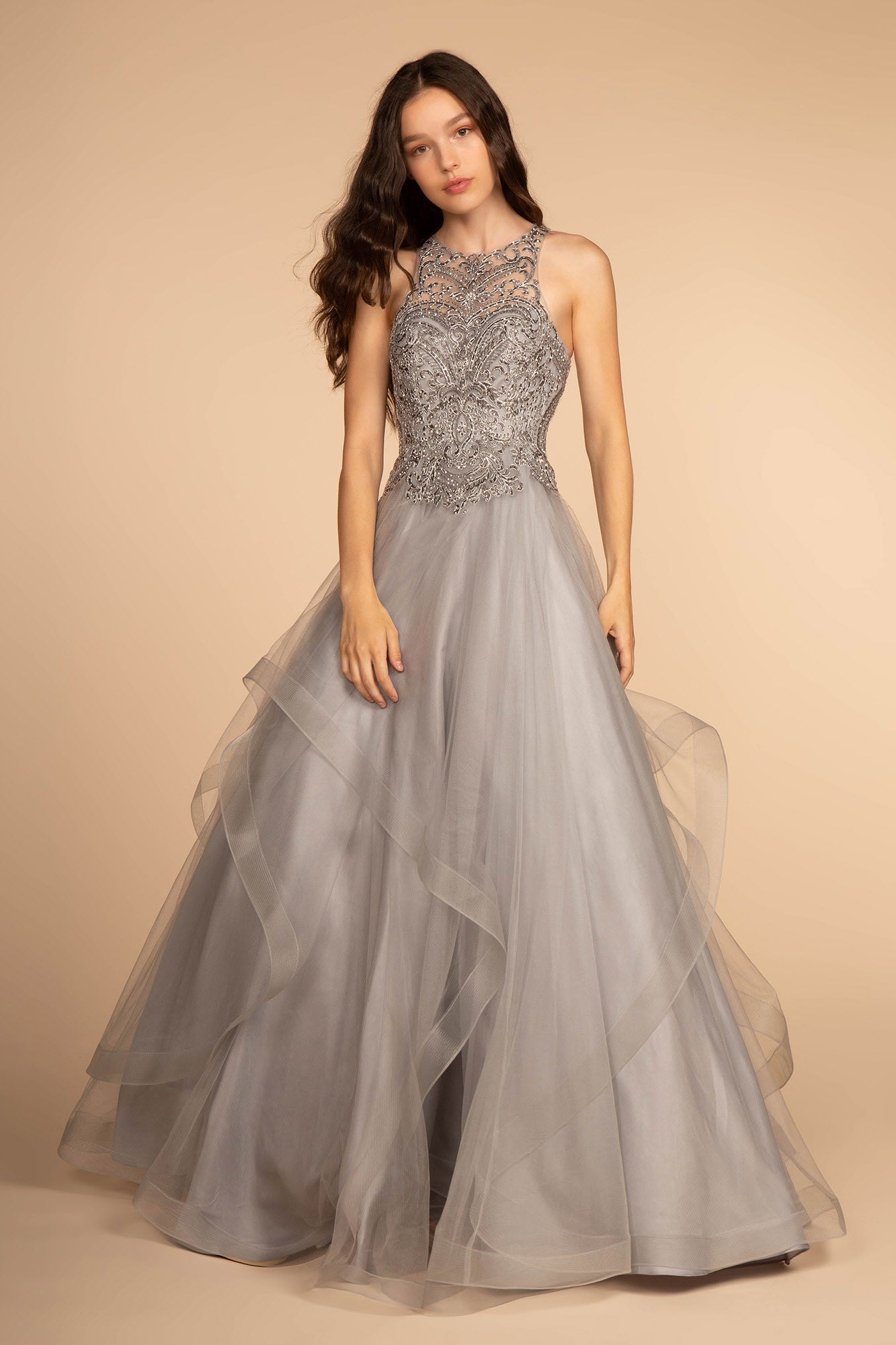 Embroidered Applique Bodice Tulle Long Dress