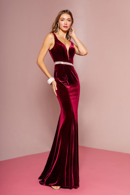 Jewel Accented Waist Line V-Neck Velvet Dress w/ U-Back