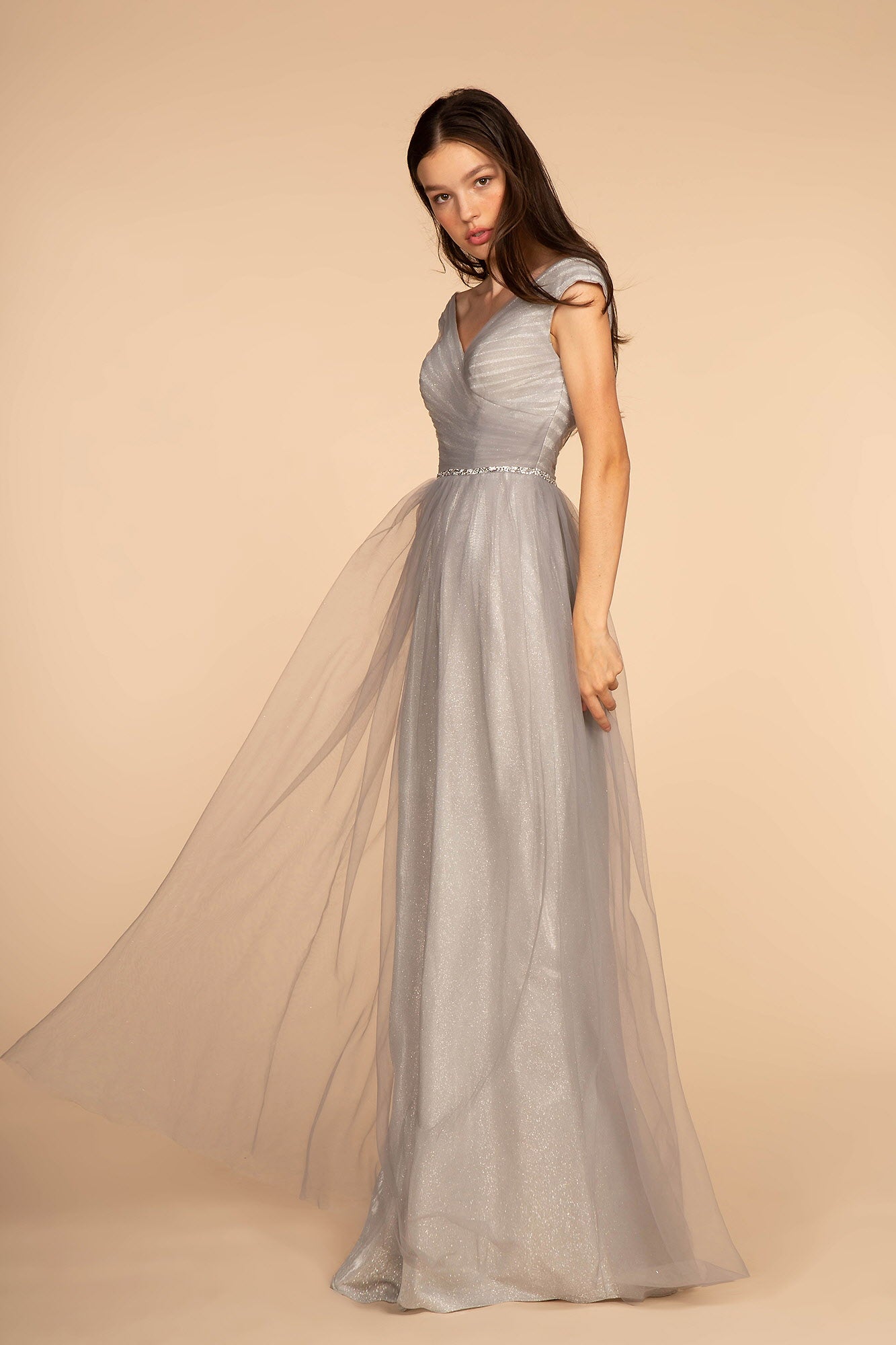 Mesh Ruched Jewel V-Neck Long Dress