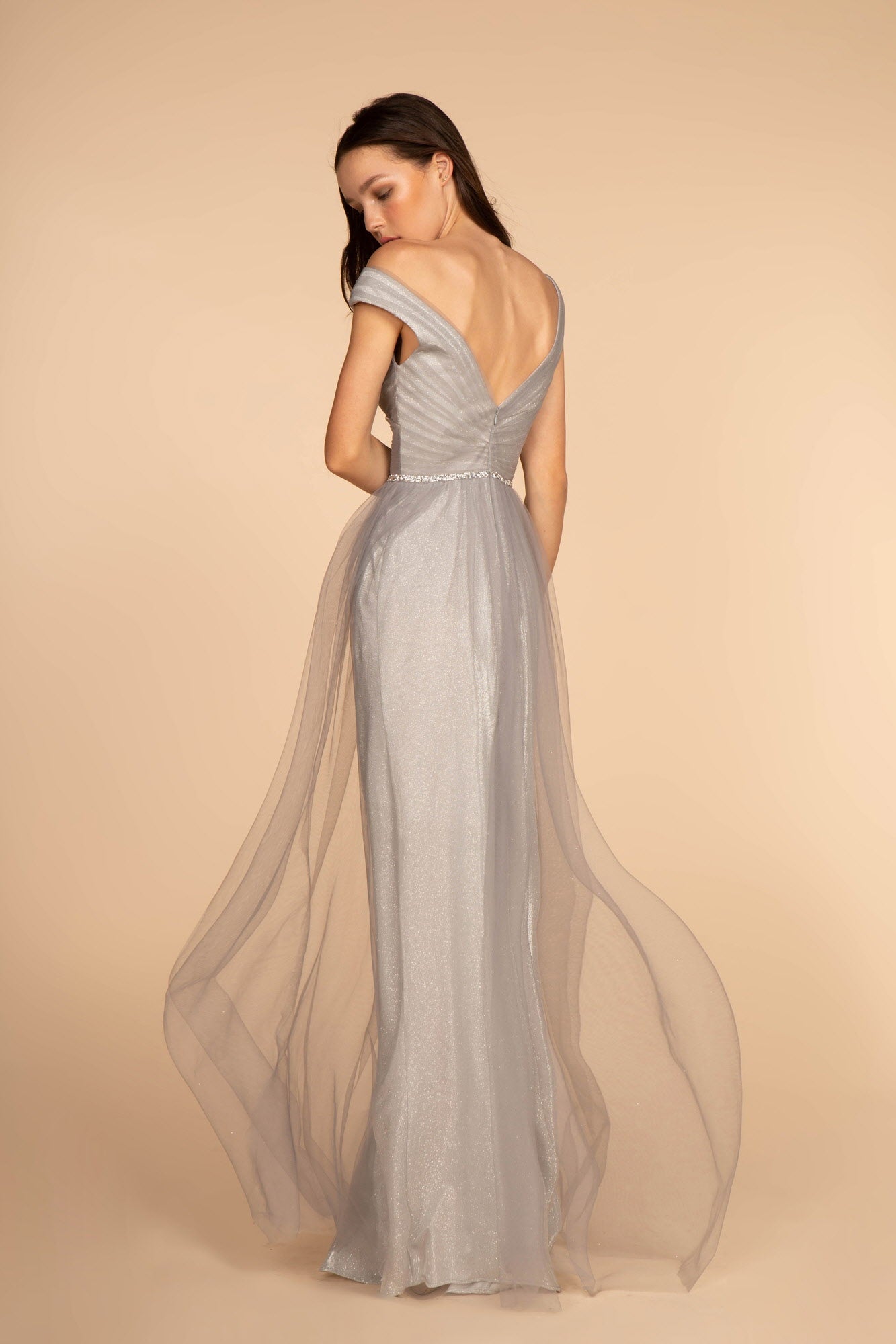 Mesh Ruched Jewel V-Neck Long Dress