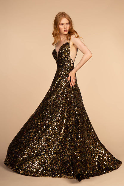 Illusion Deep V-Neck Sequin Ball Gown w/ Open Back