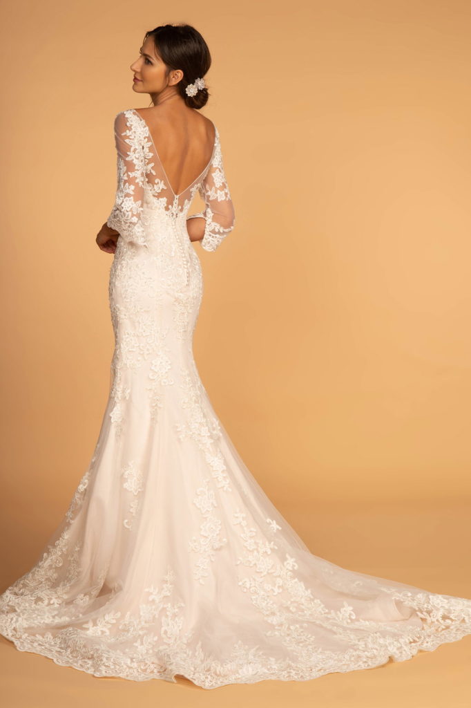 Embroidered Mesh Mermaid Wedding Gown w/ V-Back