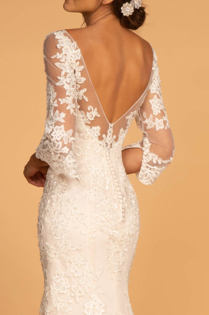 Embroidered Mesh Mermaid Wedding Gown w/ V-Back