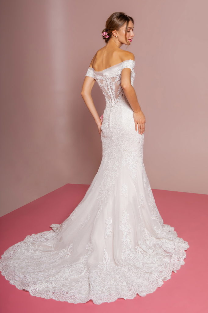 Cut-Away Shoulder Embroidered Mesh Mermaid Wedding Gown