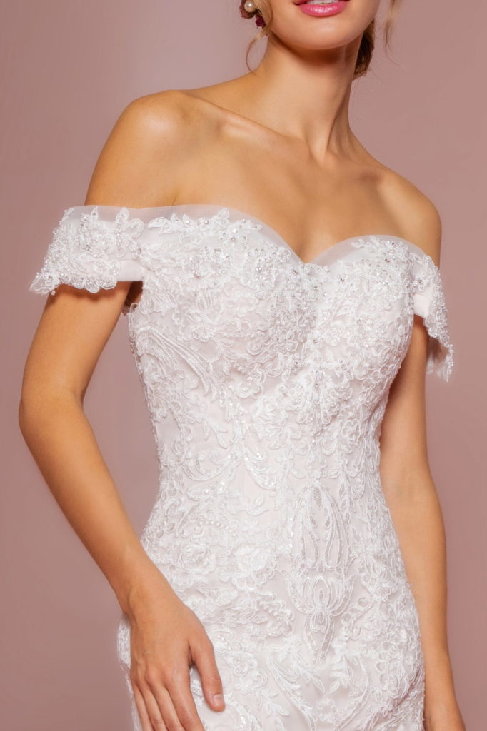 Cut-Away Shoulder Embroidered Mesh Mermaid Wedding Gown