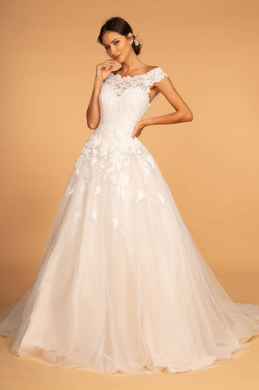 Boat-Neck Embroidered Mesh A-Line Wedding Gown