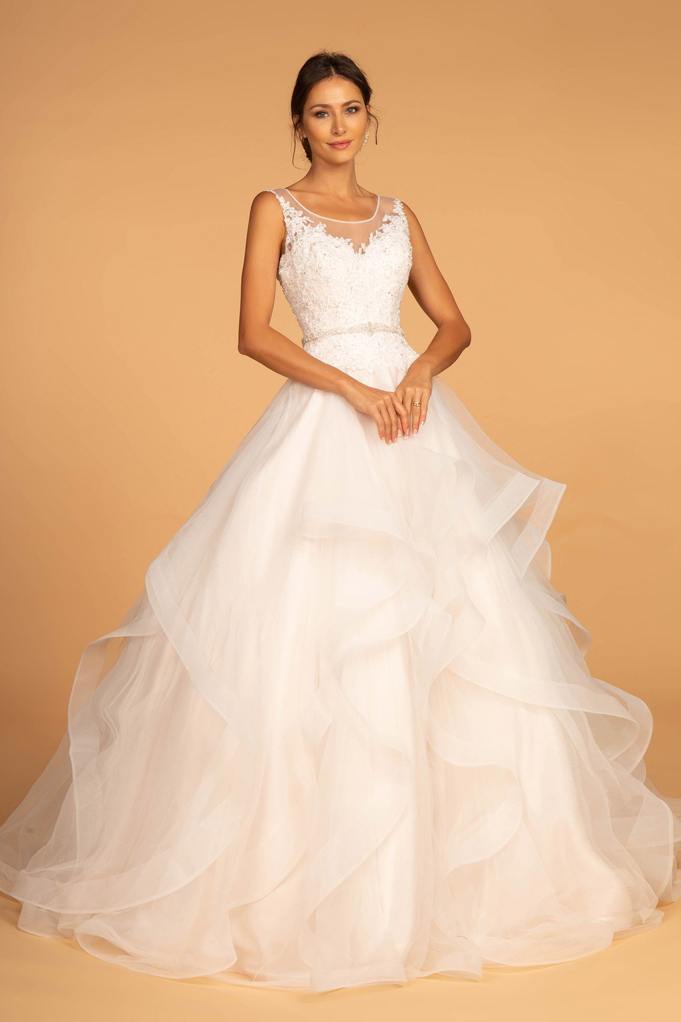 Embroidered Bodice Layered Hem Tulle Wedding Gown