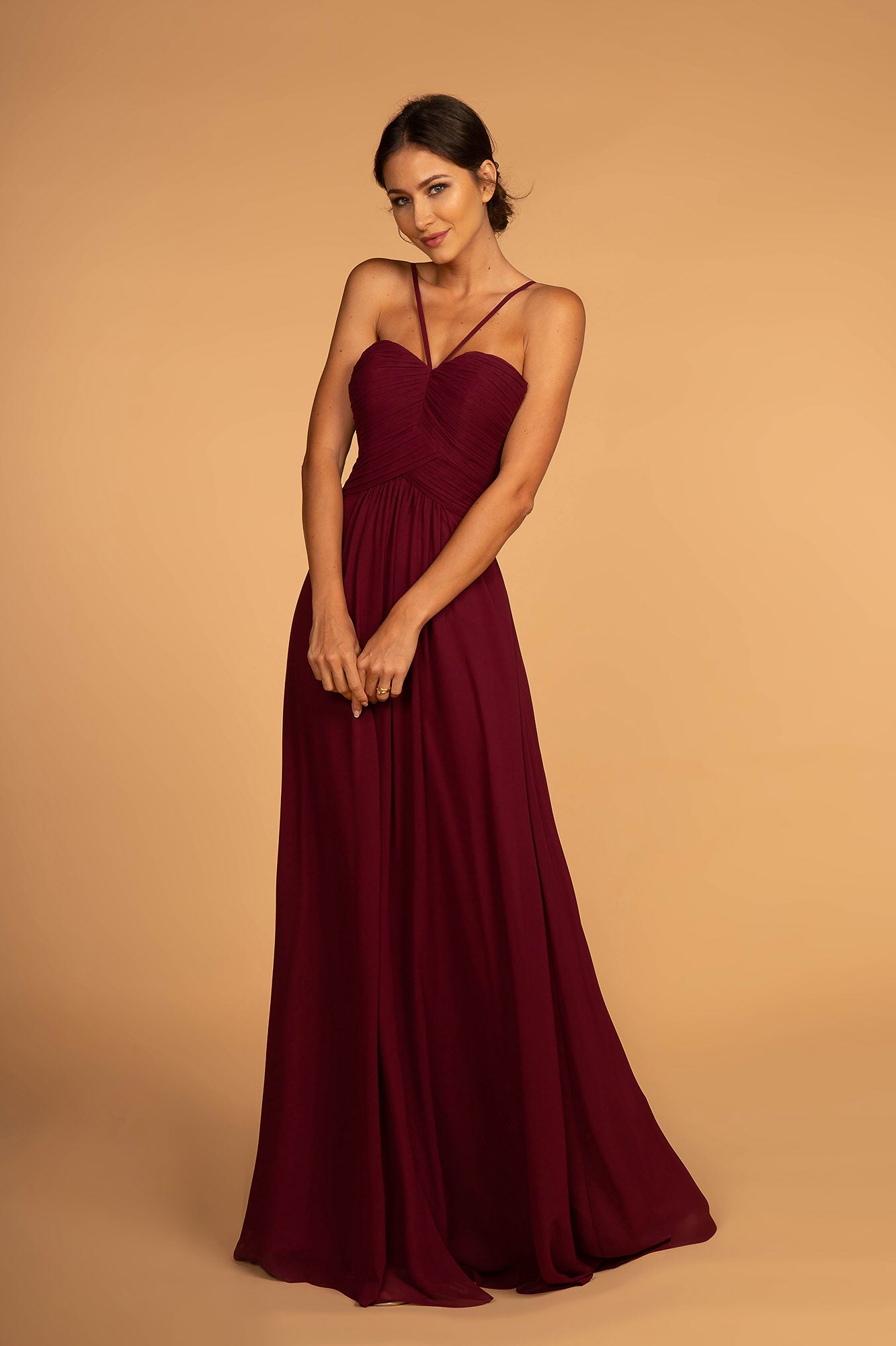 Chiffon Ruched-Bodice Long Dress