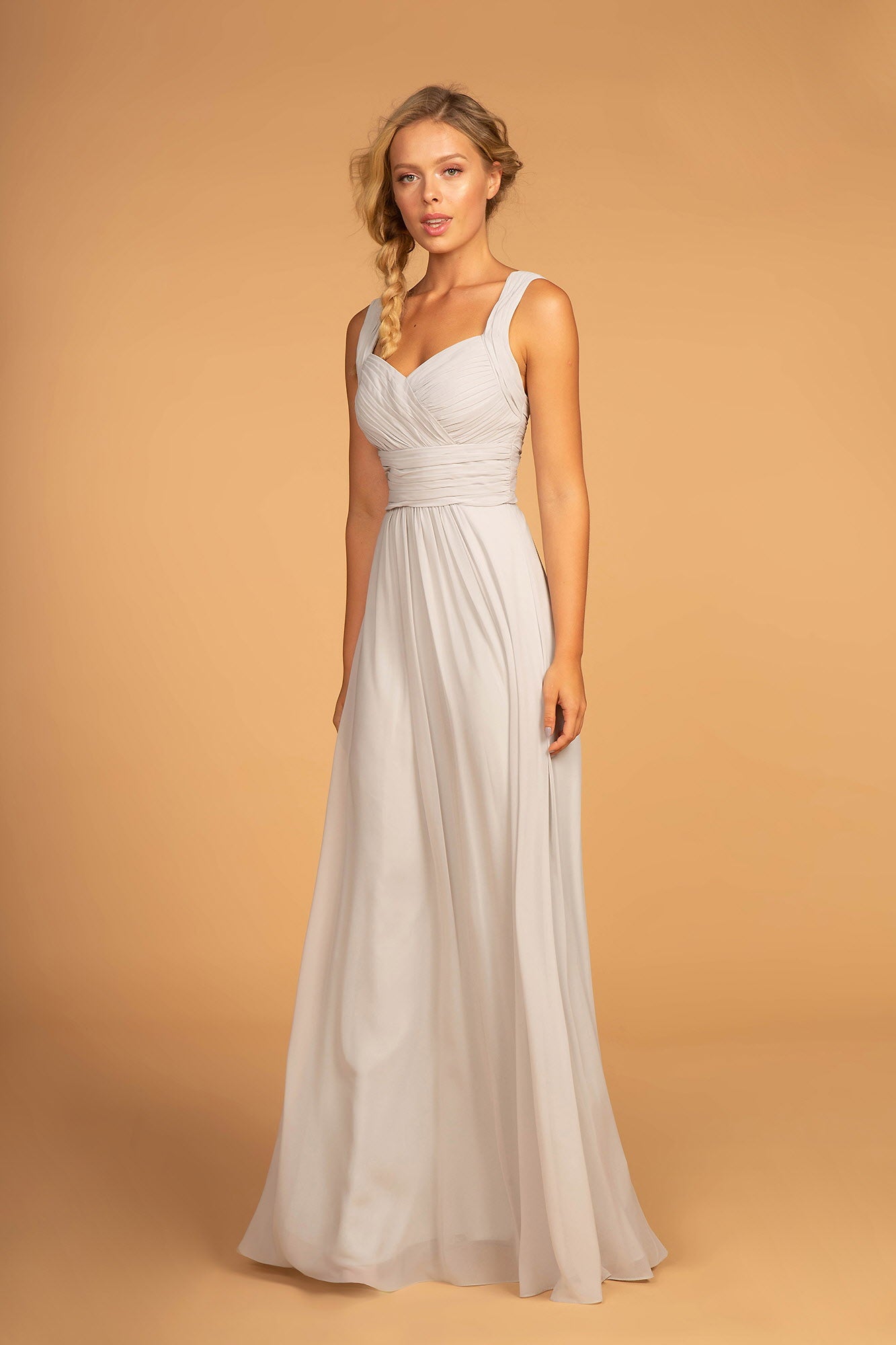 Chiffon Ruched-Bodice A-Line Long Dress