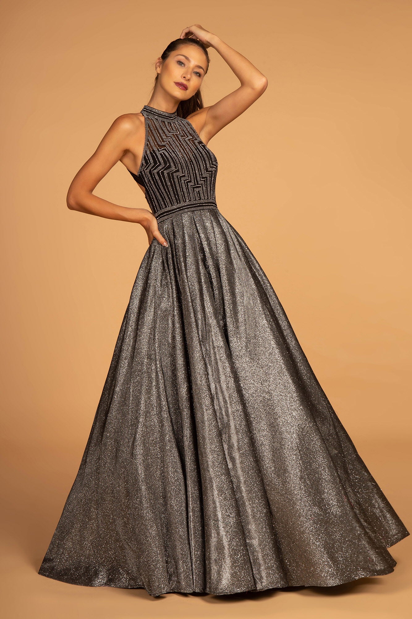 High-Neck Jeweled Bodice Glitter Crepe Ball Gown