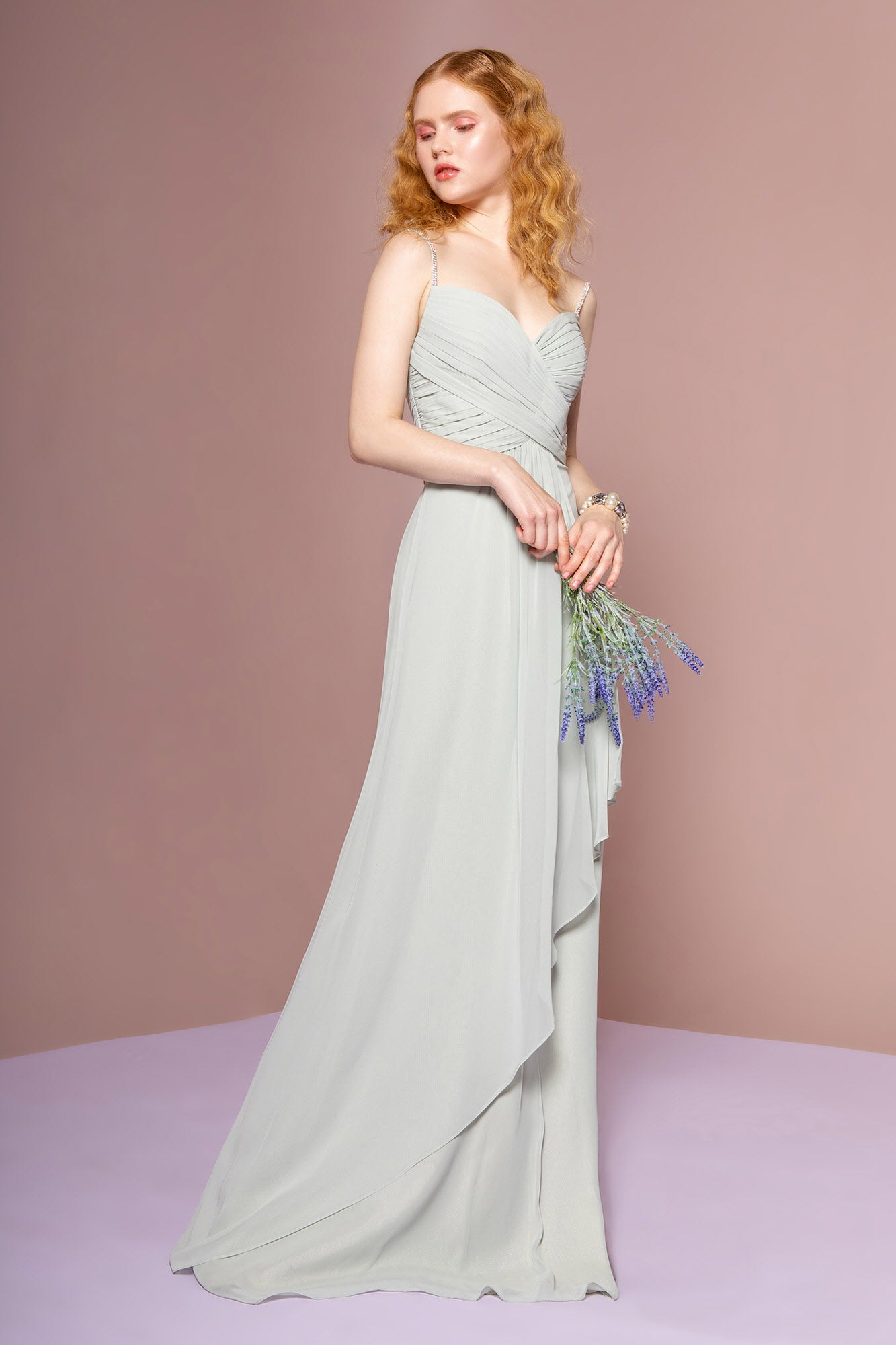 Chiffon Ruched Jewel Straps Long Dress