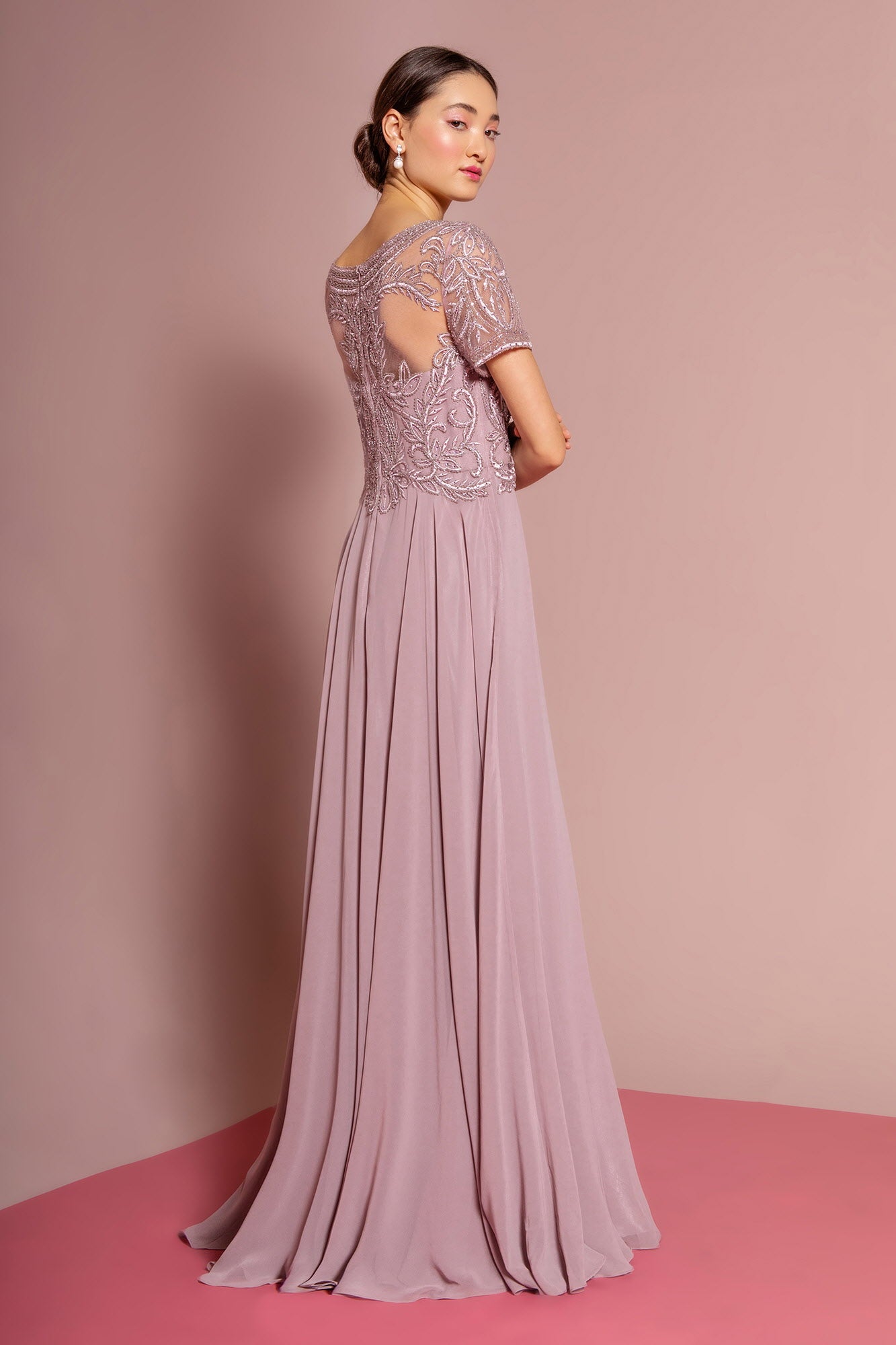 Beaded Bodice Cap Sleeve A-Line Chiffon Dress