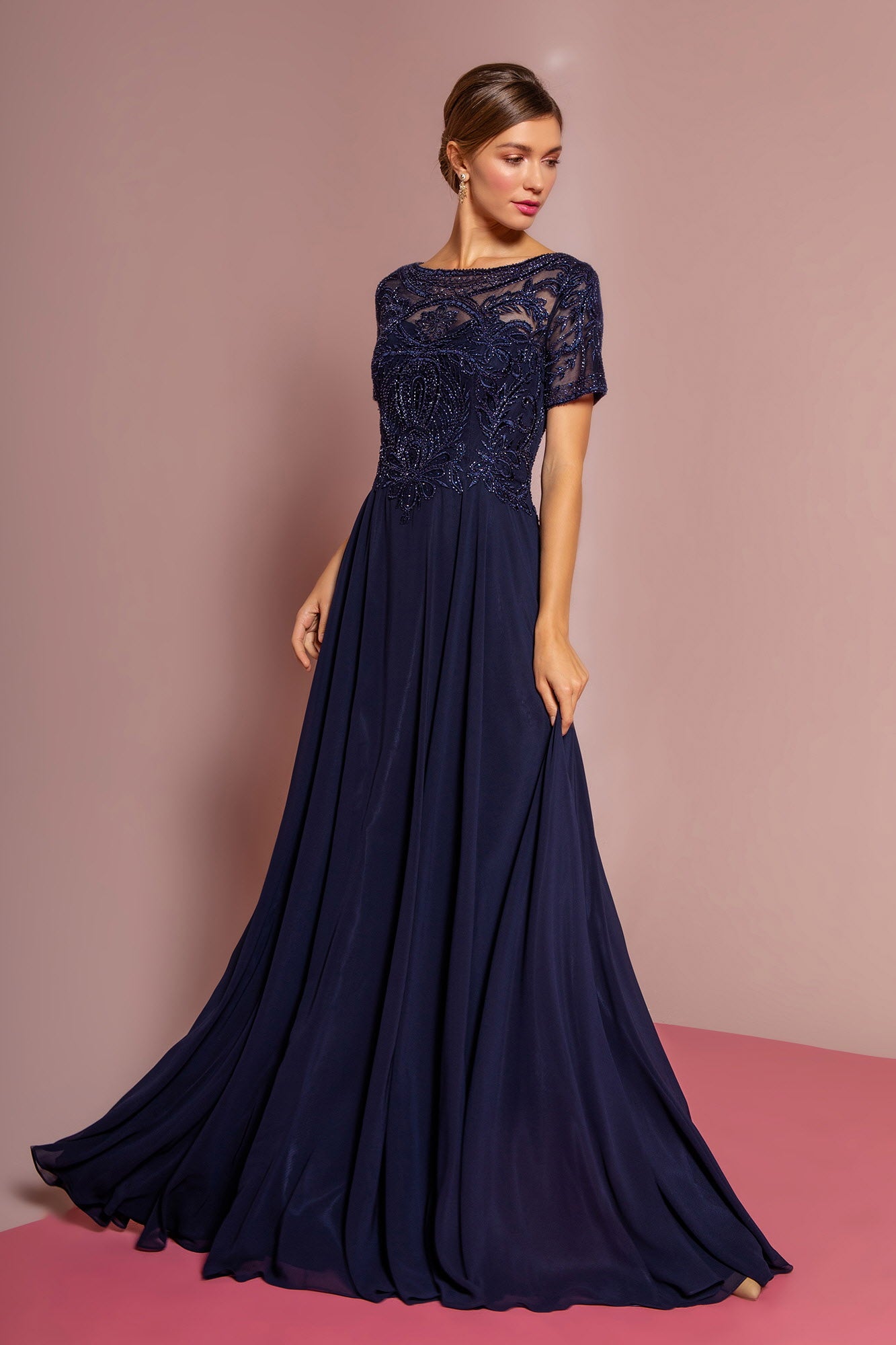 Beaded Bodice Cap Sleeve A-Line Chiffon Dress