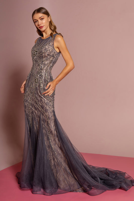 Jewel Embellished Lace Long Dress W/ Tail