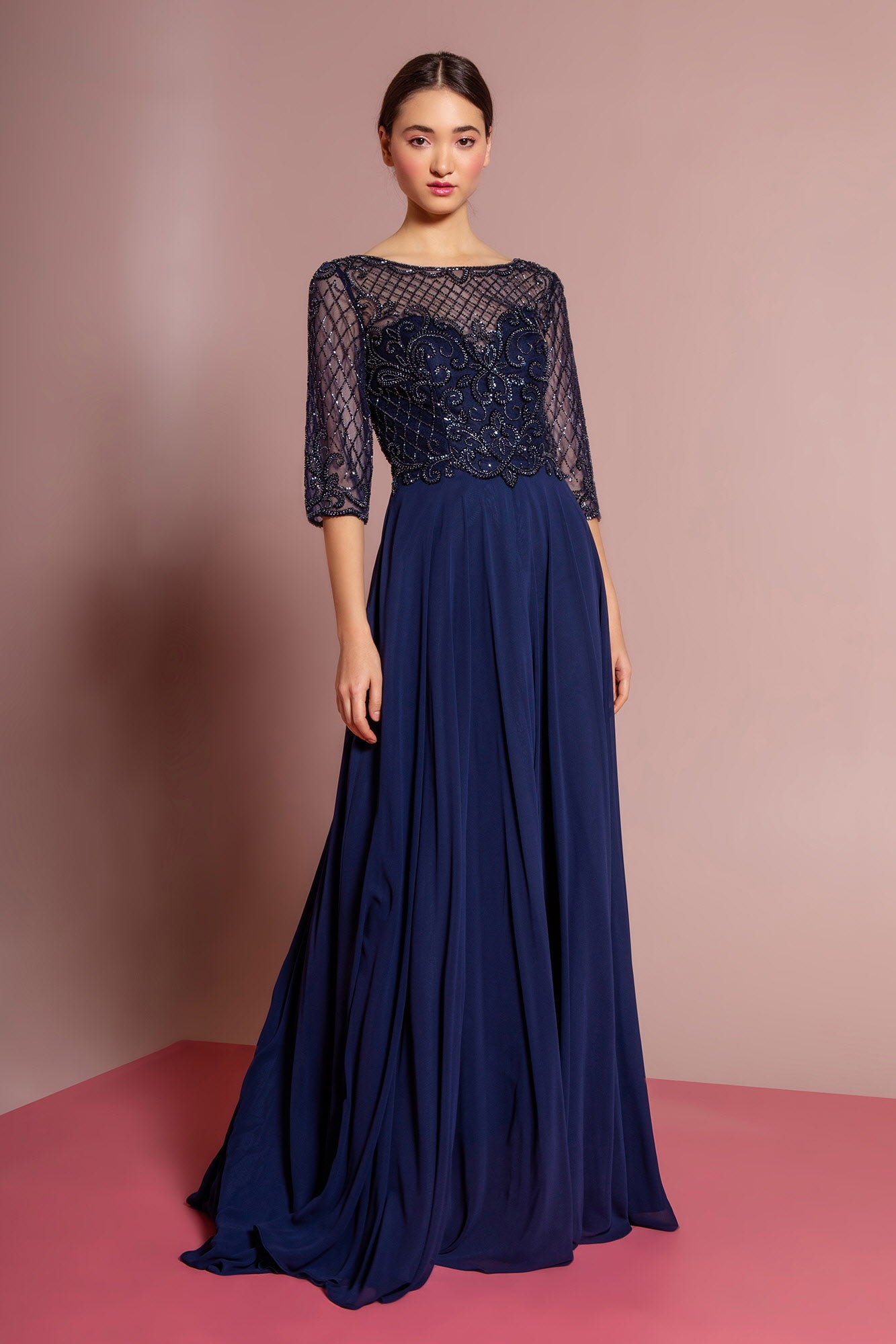 Beads Embellished Bodice Chiffon Long Dress